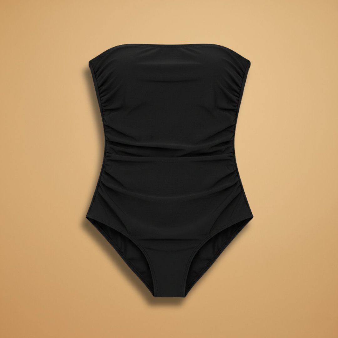 Women’s One-Piece Swimsuit with Strapless Design and Ruched Detailing
