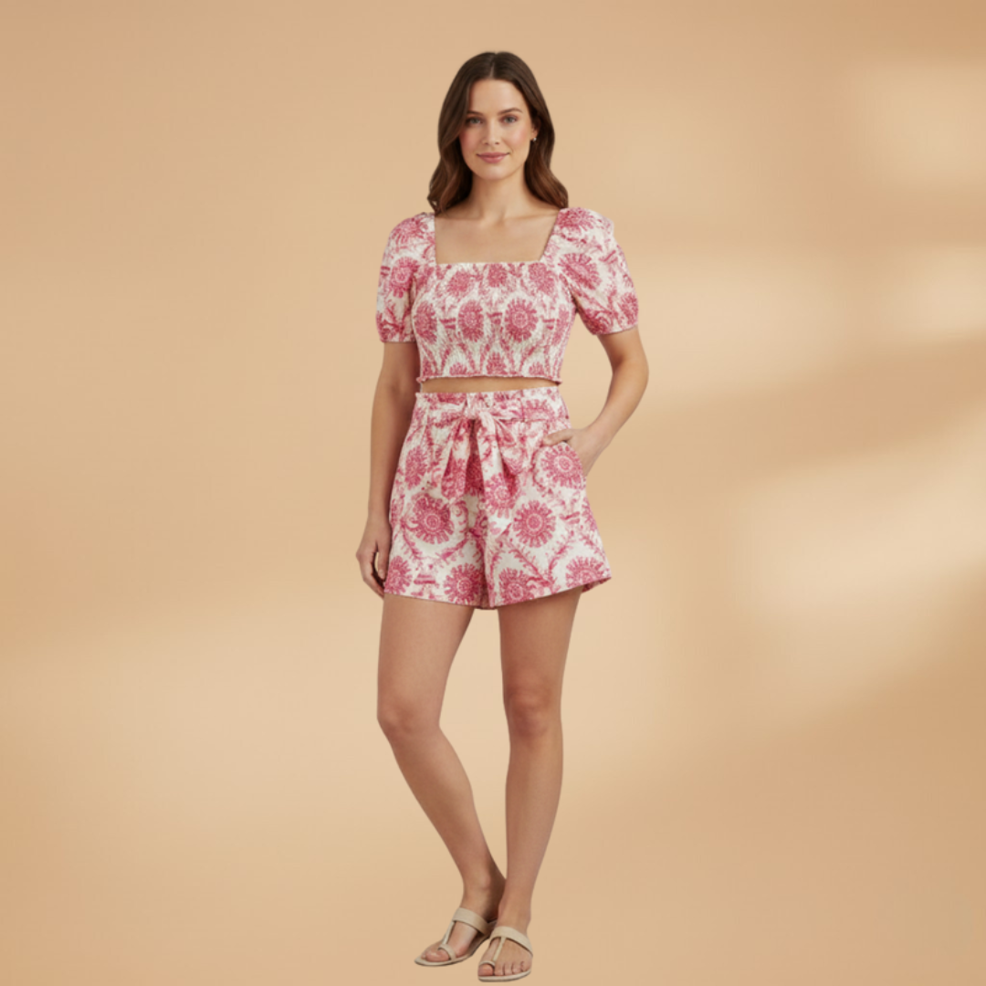 Women’s Set with Floral Crop Top and Matching Shorts