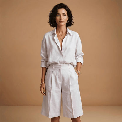 Women’s Shirt and Shorts Set with High‑Waist Pleated Shorts