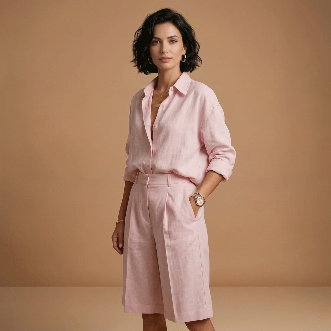 Women’s Shirt and Shorts Set with High‑Waist Pleated Shorts