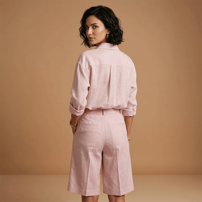 Women’s Shirt and Shorts Set with High‑Waist Pleated Shorts