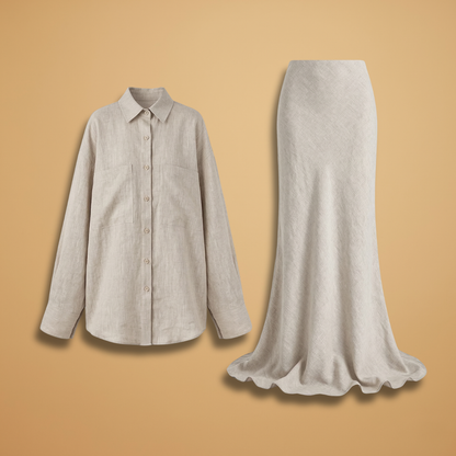 Women’s Shirt and Skirt Set with Classic Collar and Loose Fit