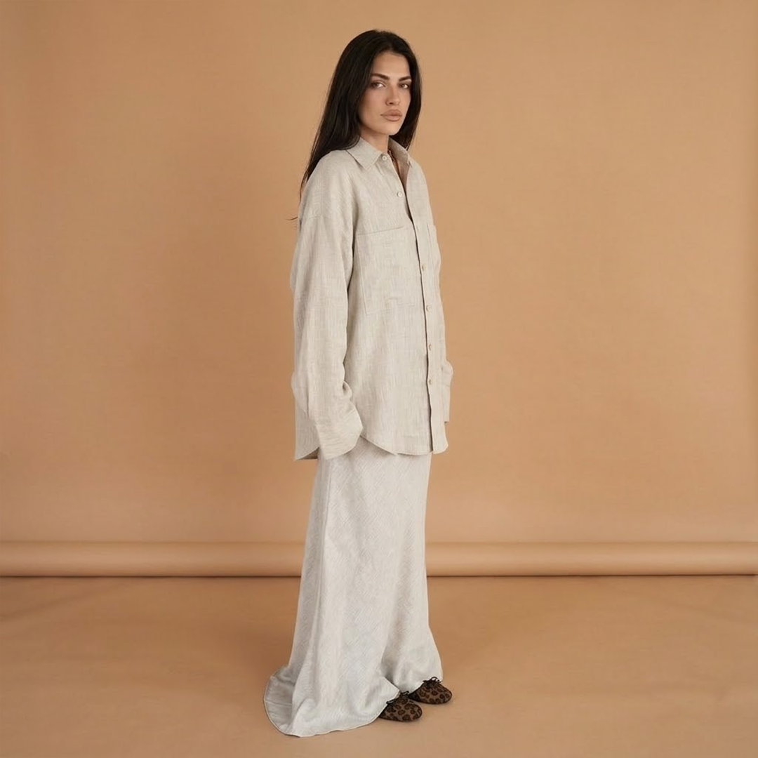 Women’s Shirt and Skirt Set with Classic Collar and Loose Fit