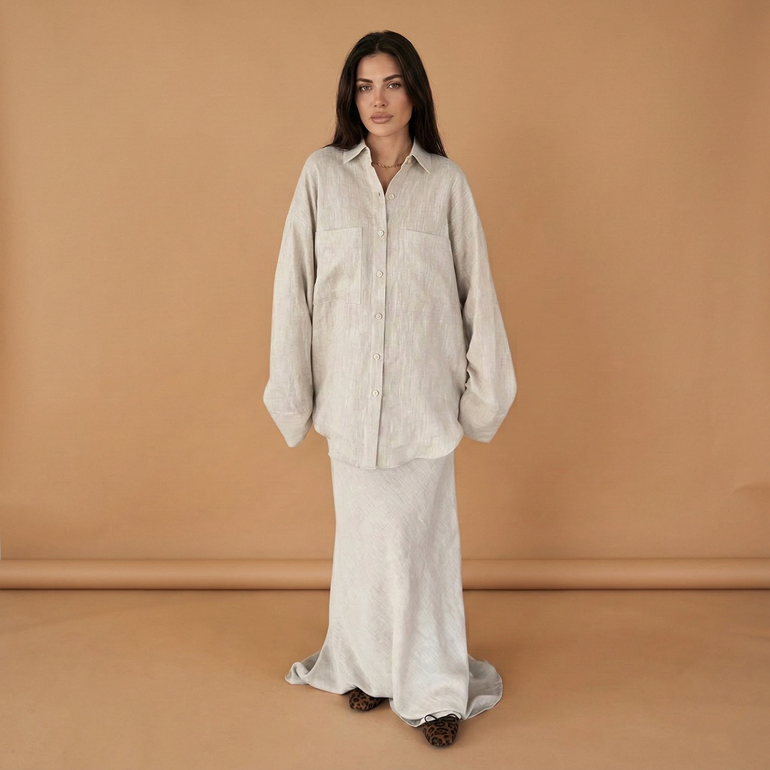 Women’s Shirt and Skirt Set with Classic Collar and Loose Fit