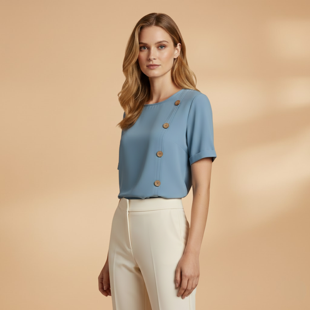 Women’s Short Sleeve Blouse with Side Buttons and Loose Fit