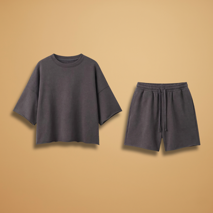 Women's Sports Set with Wide Sleeves and Drawstring Shorts