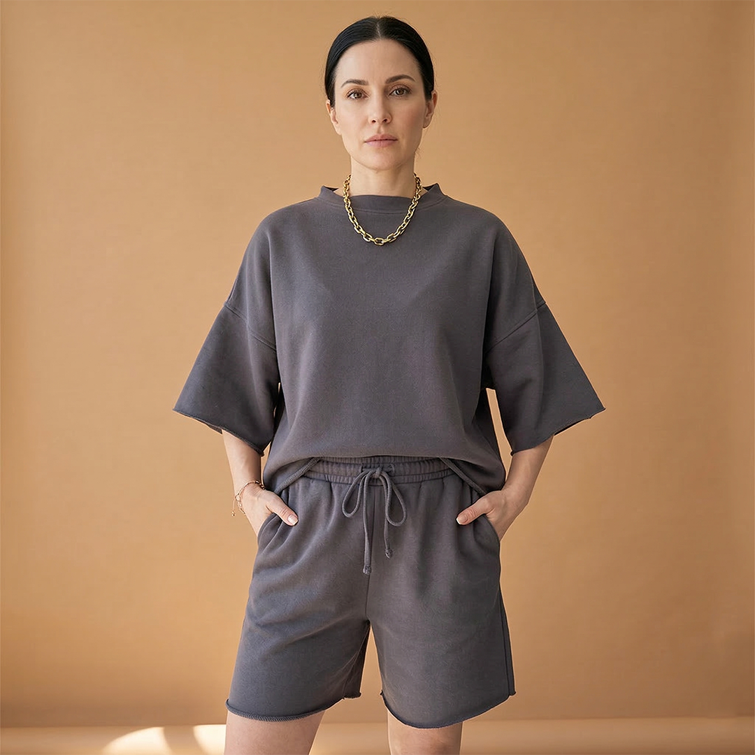 Women's Sports Set with Wide Sleeves and Drawstring Shorts