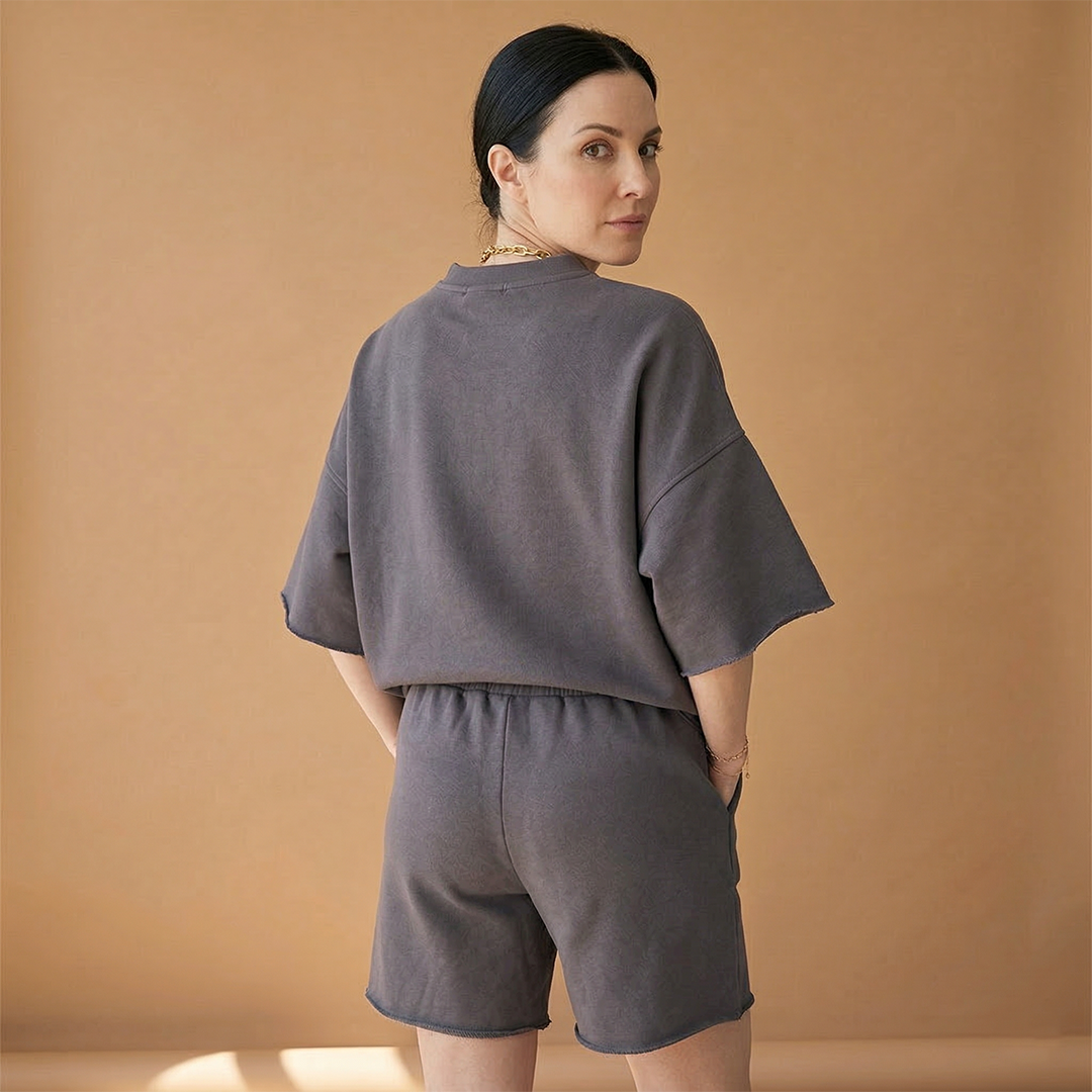 Women's Sports Set with Wide Sleeves and Drawstring Shorts