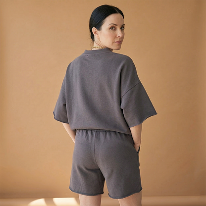Women's Sports Set with Wide Sleeves and Drawstring Shorts