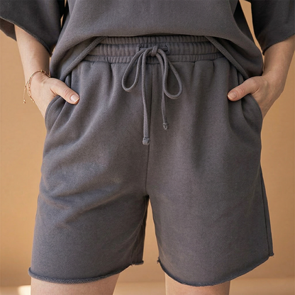 Women's Sports Set with Wide Sleeves and Drawstring Shorts