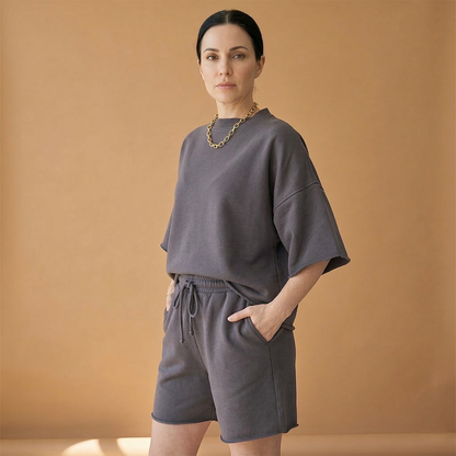 Women's Sports Set with Wide Sleeves and Drawstring Shorts
