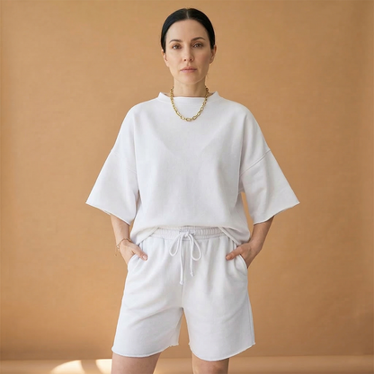 Women's Sports Set with Wide Sleeves and Drawstring Shorts