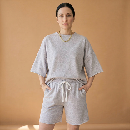 Women's Sports Set with Wide Sleeves and Drawstring Shorts