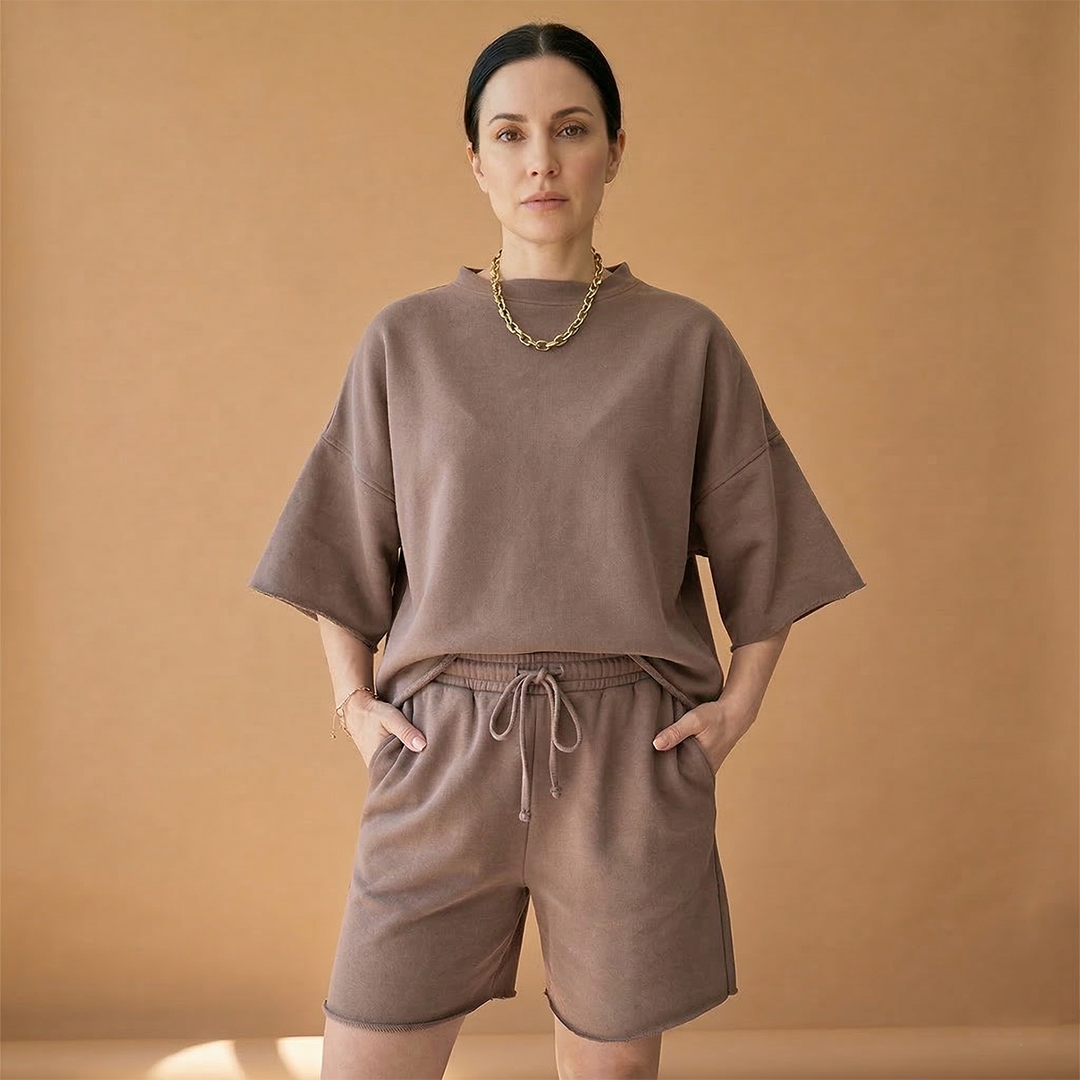 Women's Sports Set with Wide Sleeves and Drawstring Shorts