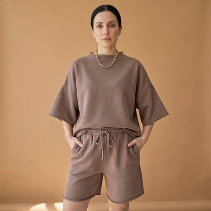 Women's Sports Set with Wide Sleeves and Drawstring Shorts