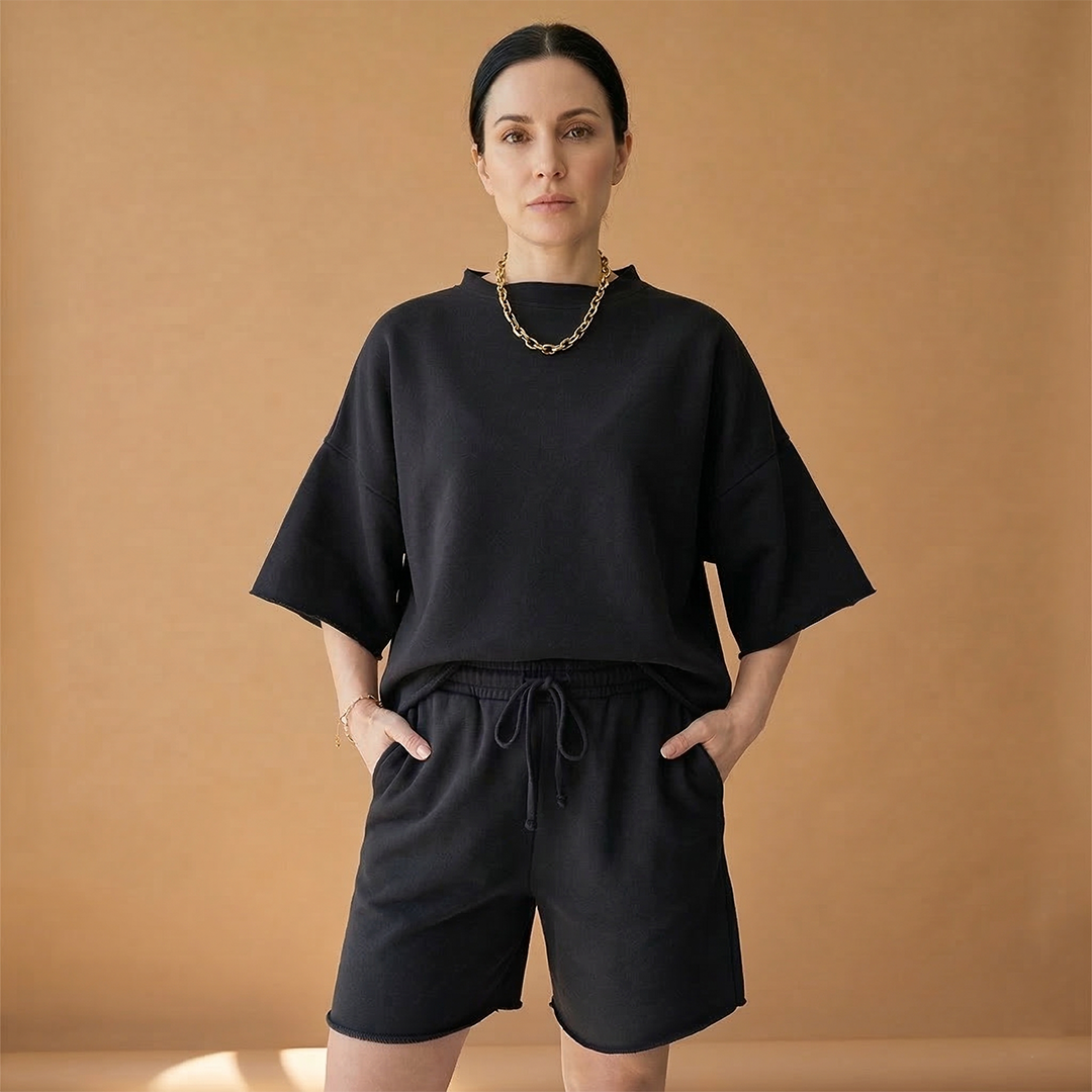 Women's Sports Set with Wide Sleeves and Drawstring Shorts