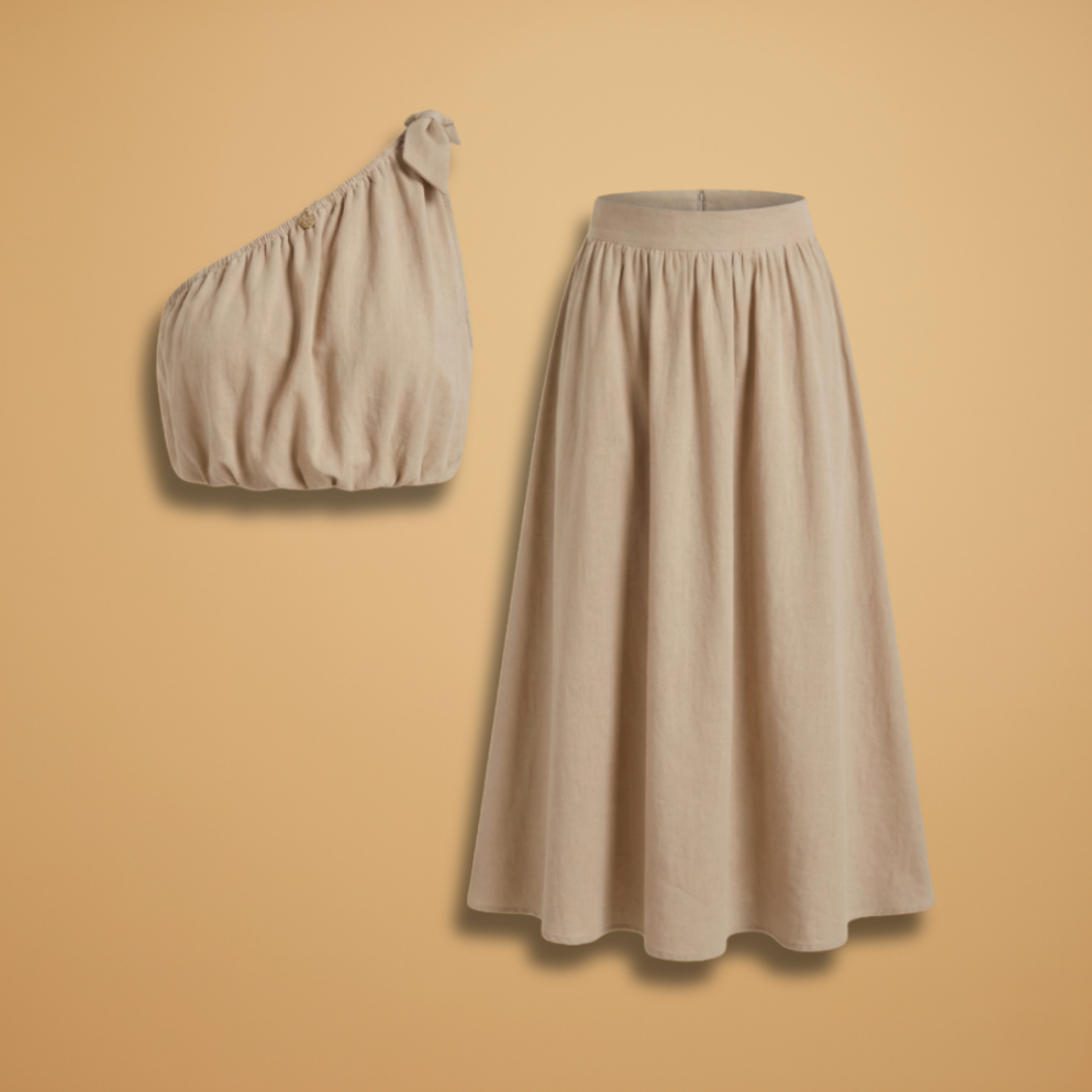 Women’s Summer Top with Asymmetric Cut and Wide Midi Skirt