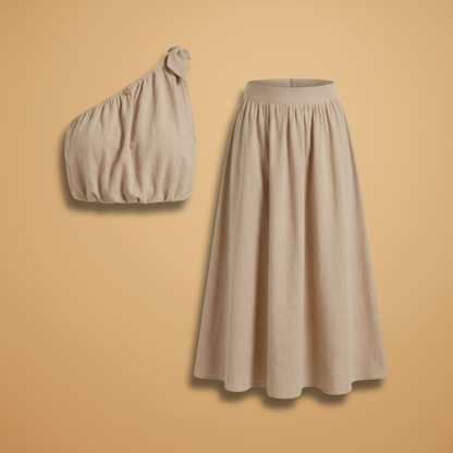 Women’s Summer Top with Asymmetric Cut and Wide Midi Skirt