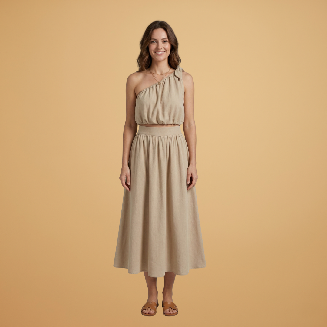 Women’s Summer Top with Asymmetric Cut and Wide Midi Skirt
