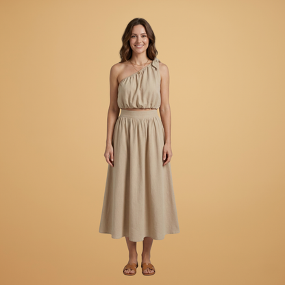 Women’s Summer Top with Asymmetric Cut and Wide Midi Skirt