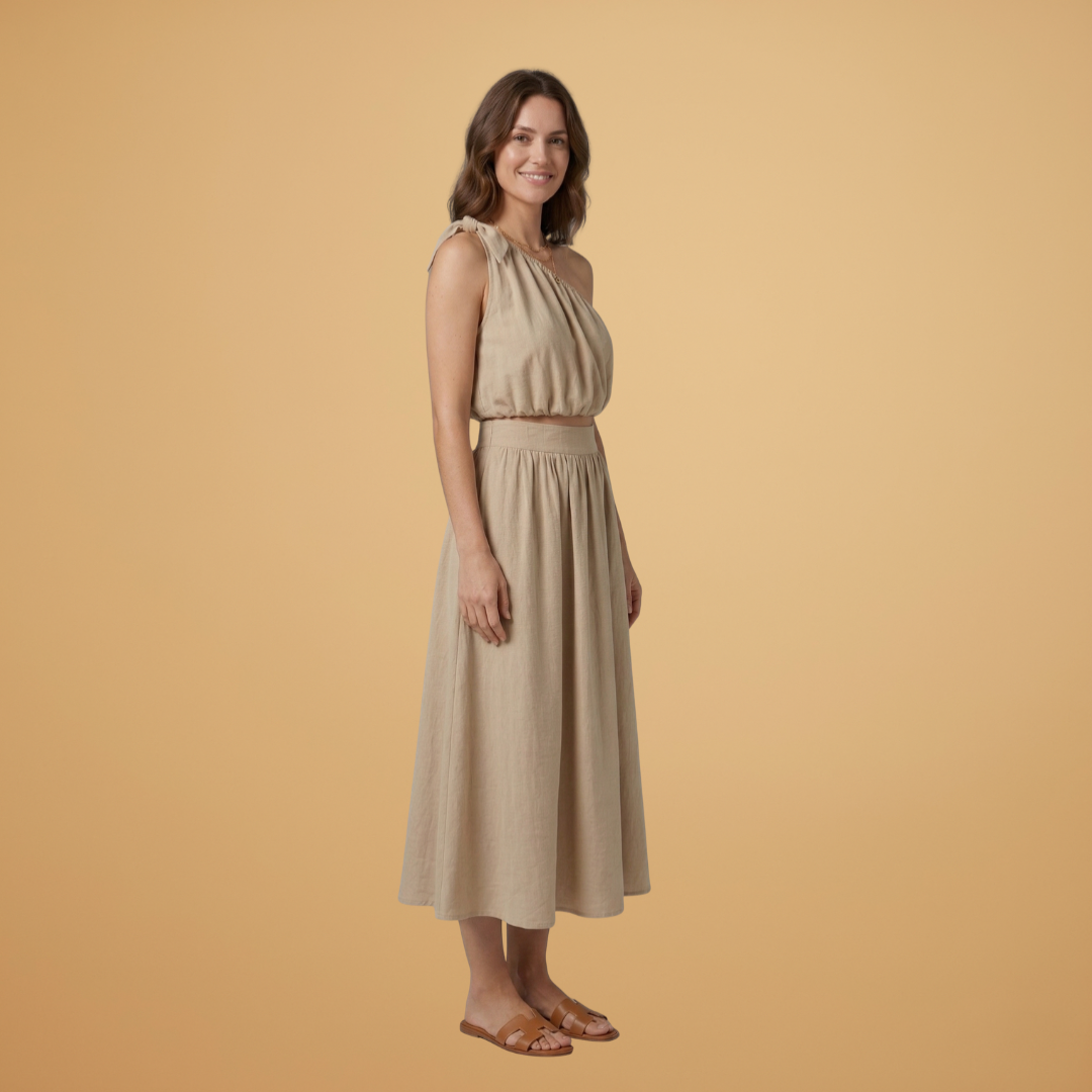 Women’s Summer Top with Asymmetric Cut and Wide Midi Skirt