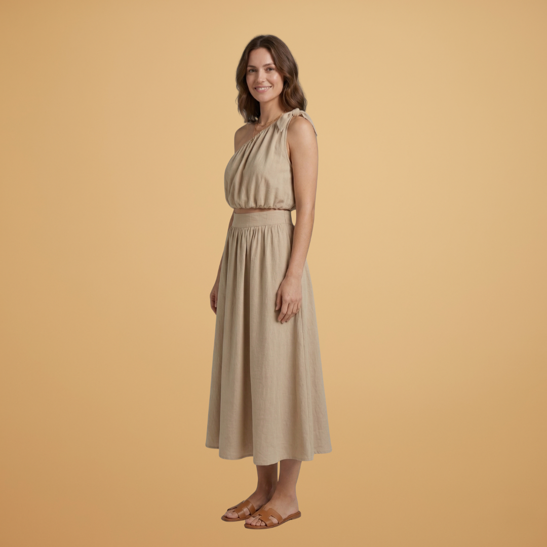Women’s Summer Top with Asymmetric Cut and Wide Midi Skirt