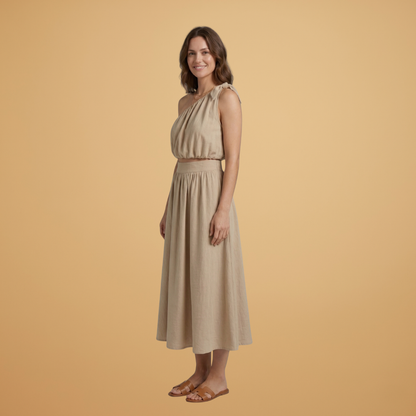 Women’s Summer Top with Asymmetric Cut and Wide Midi Skirt