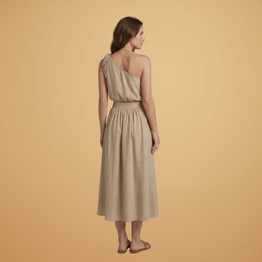 Women’s Summer Top with Asymmetric Cut and Wide Midi Skirt
