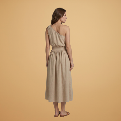 Women’s Summer Top with Asymmetric Cut and Wide Midi Skirt