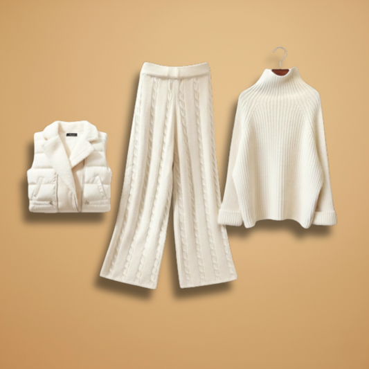 Women’s Three-Piece Set with Turtleneck Jumper and Sleeveless Gilet