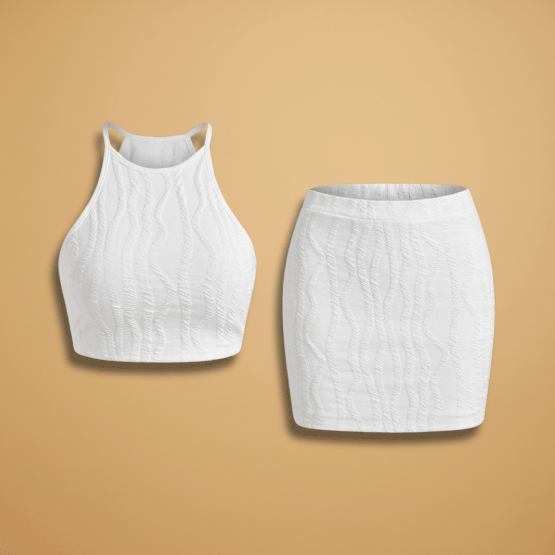 Women's Top and Skirt with Wave Pattern and Cropped Hem