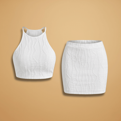 Women's Top and Skirt with Wave Pattern and Cropped Hem