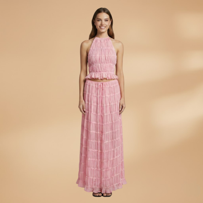 Women’s Two-Piece Set with Hollow Top and Long Skirt