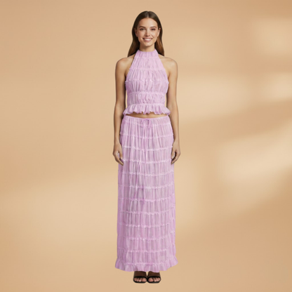 Women’s Two-Piece Set with Hollow Top and Long Skirt