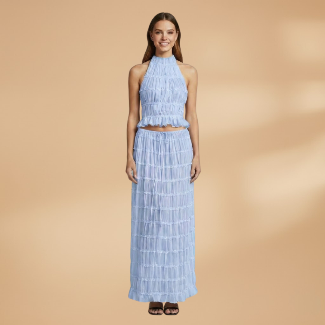 Women’s Two-Piece Set with Hollow Top and Long Skirt