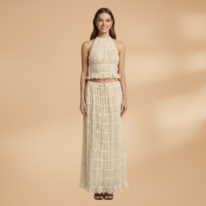 Women’s Two-Piece Set with Hollow Top and Long Skirt