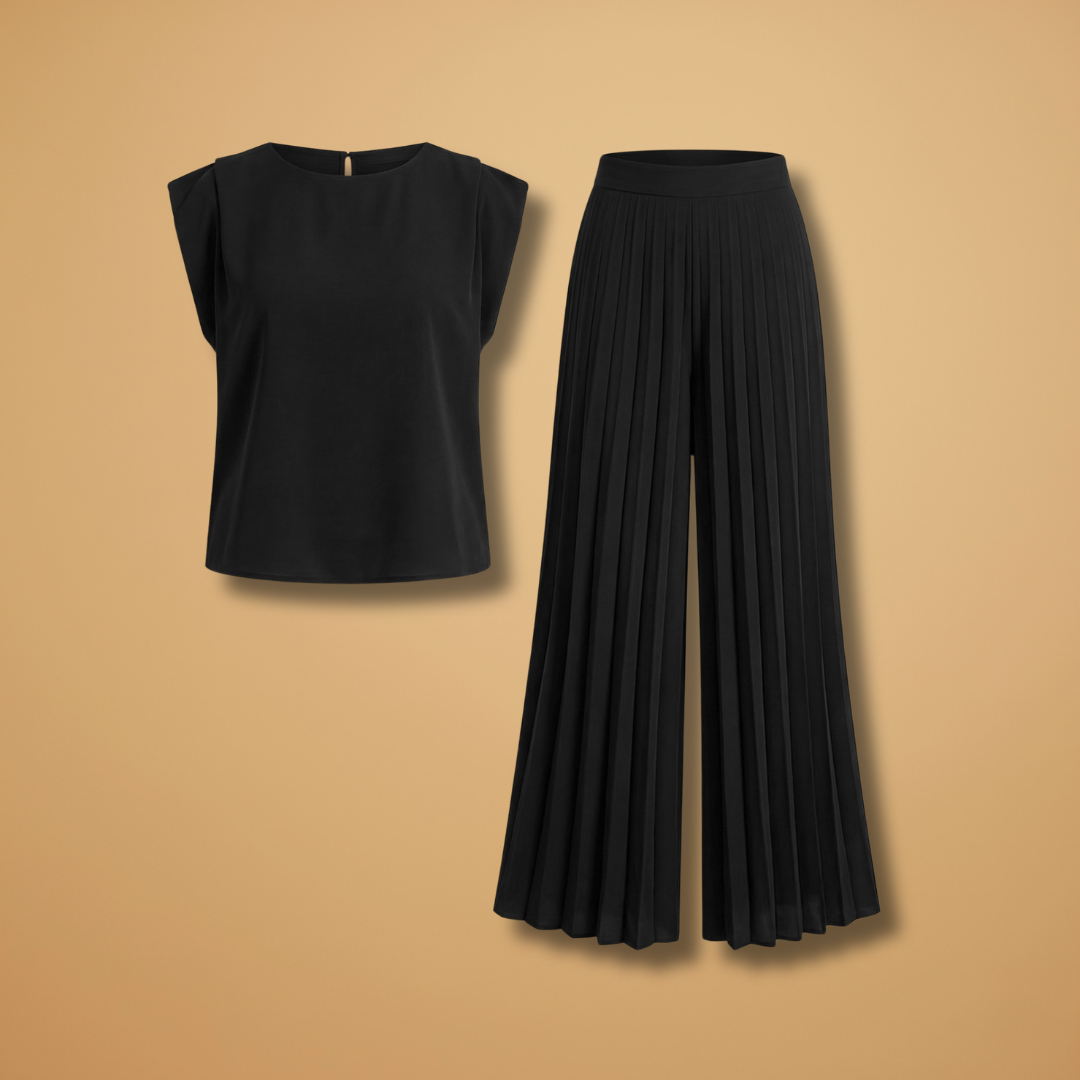 Women's Two-Piece Set with Pleated Trousers and Flattering Fit