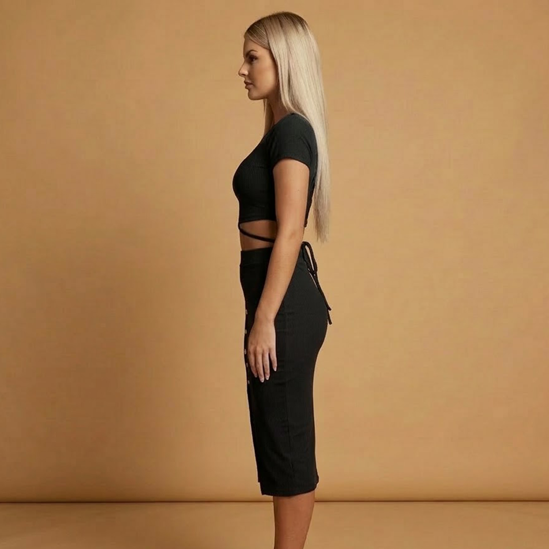 Women's Two-Piece Set with Ribbed Surface and Buttons