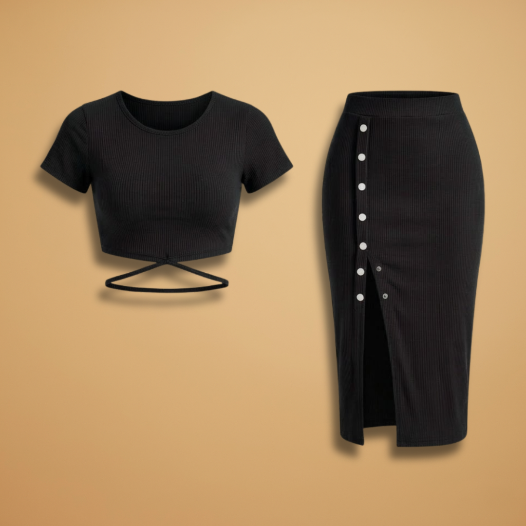 Women's Two-Piece Set with Ribbed Surface and Buttons