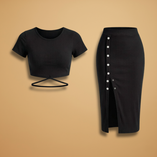 Women's Two-Piece Set with Ribbed Surface and Buttons