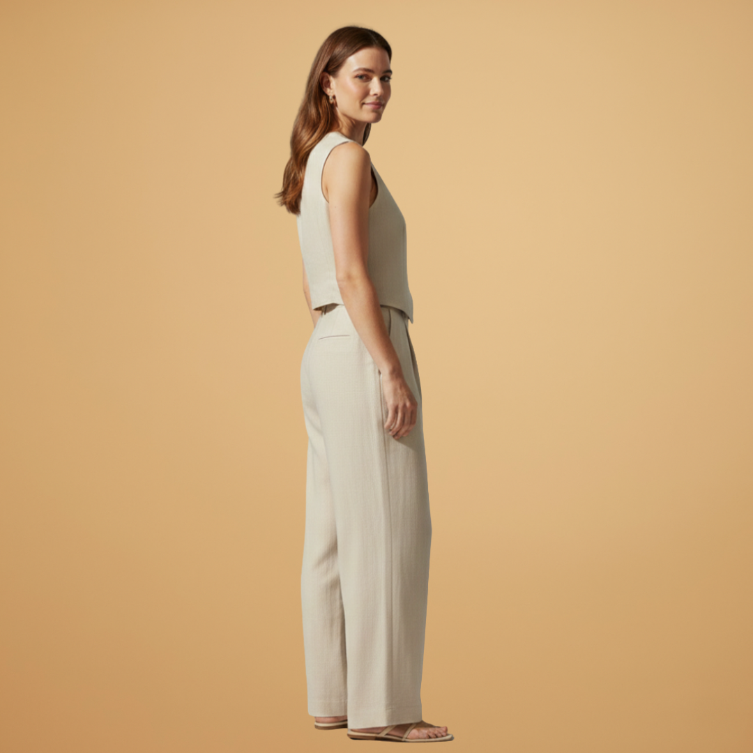 Women’s Two-Piece Set with V-Neck Top and Relaxed Trousers