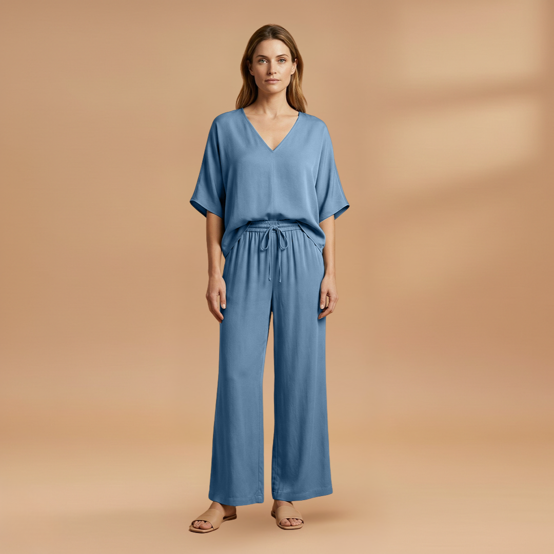 Women's Two-Piece Set with V-Neck and Wide-Leg Pants