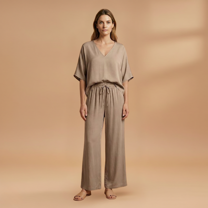 Women's Two-Piece Set with V-Neck and Wide-Leg Pants
