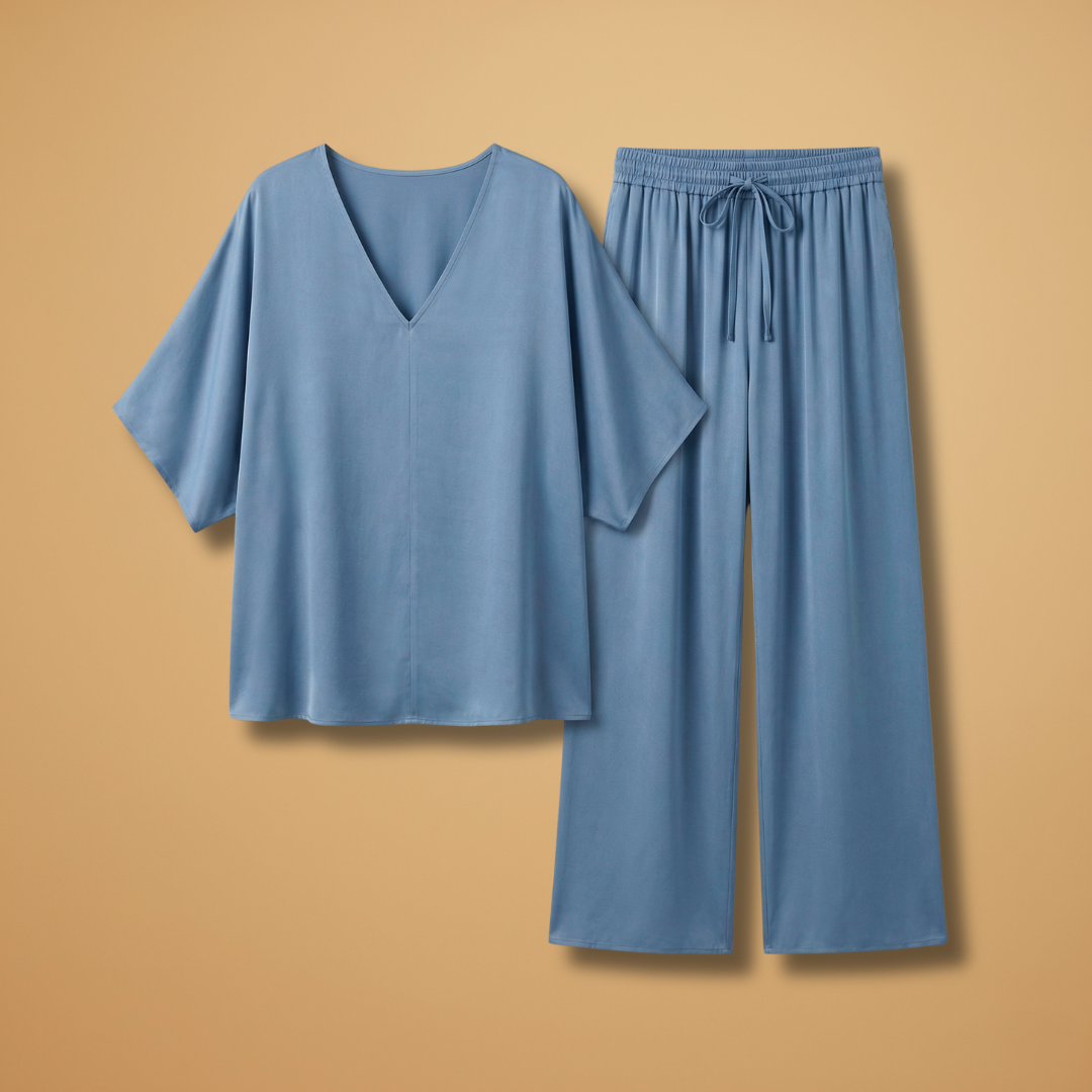 Women's Two-Piece Set with V-Neck and Wide-Leg Pants
