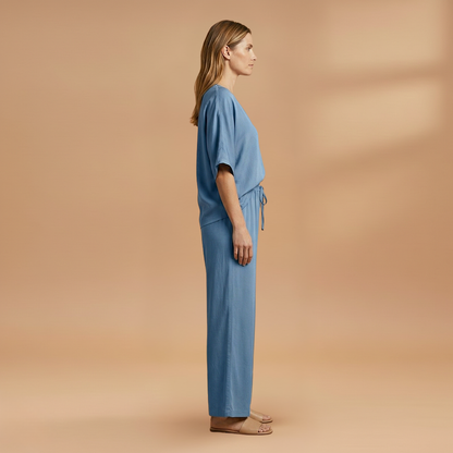 Women's Two-Piece Set with V-Neck and Wide-Leg Pants