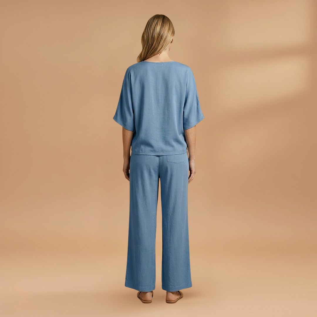 Women's Two-Piece Set with V-Neck and Wide-Leg Pants