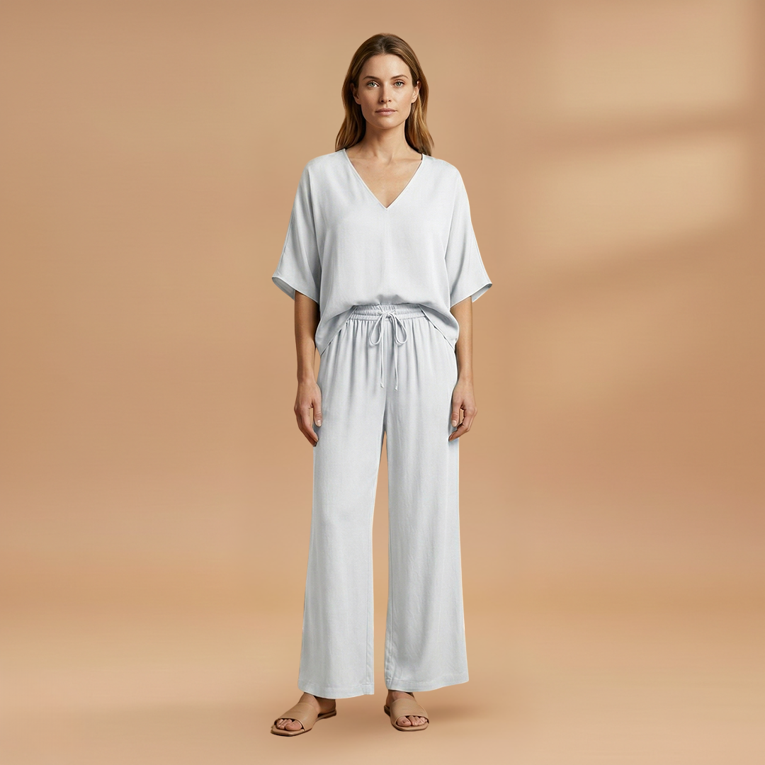 Women's Two-Piece Set with V-Neck and Wide-Leg Pants