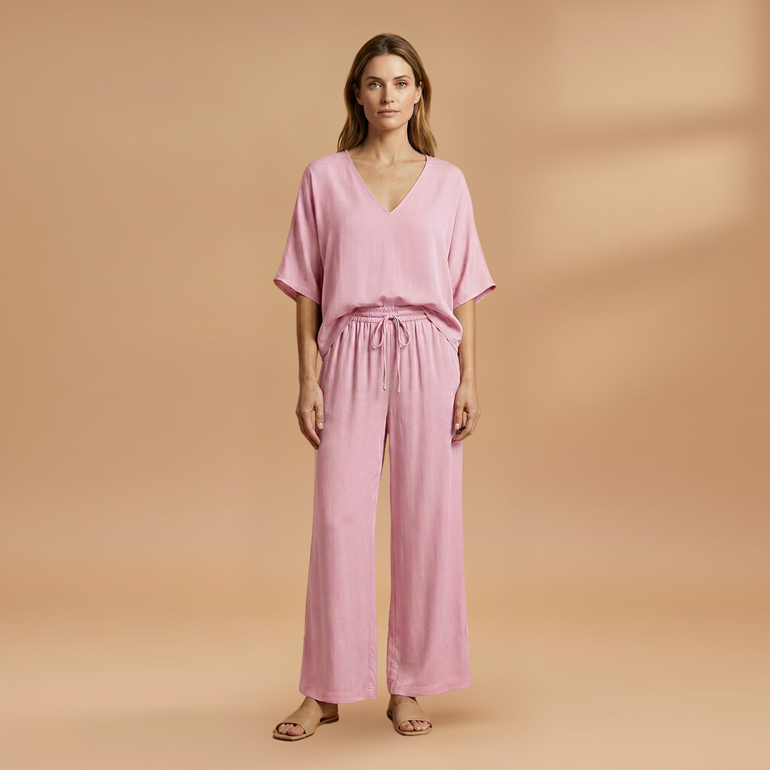 Women's Two-Piece Set with V-Neck and Wide-Leg Pants