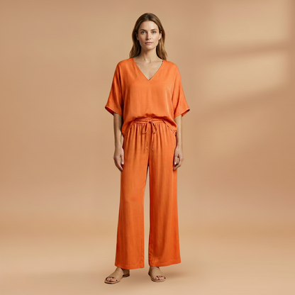 Women's Two-Piece Set with V-Neck and Wide-Leg Pants
