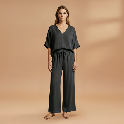Women's Two-Piece Set with V-Neck and Wide-Leg Pants